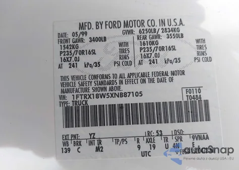 1999 Ford F-150 Lariat/Work Series/Xl/Xlt z USA, uszkodzony, nr VIN 1FTRX18W5XN887105